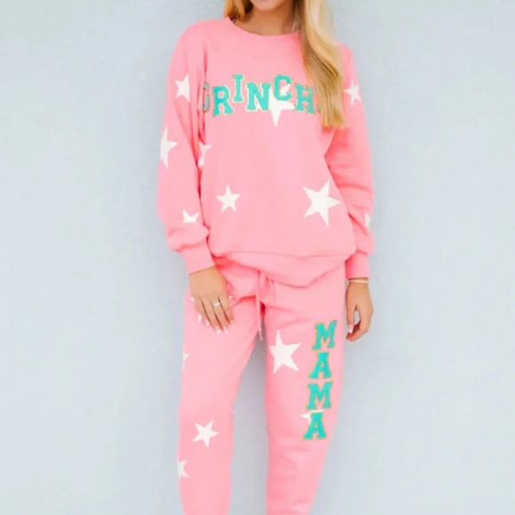 Judith March pink Holiday Grinchy starts joggers pullover sweatshirt set size M - Picture 1 of 16